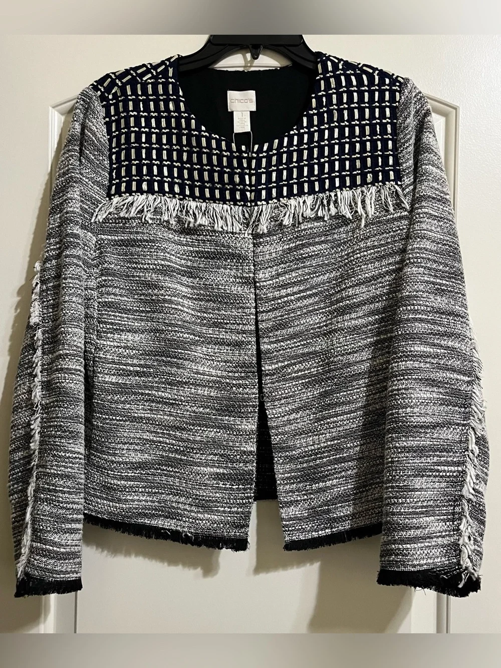 NEW Chico's Novelty Tweed Black White Blue Fringe Blazer Jacket Size Medium